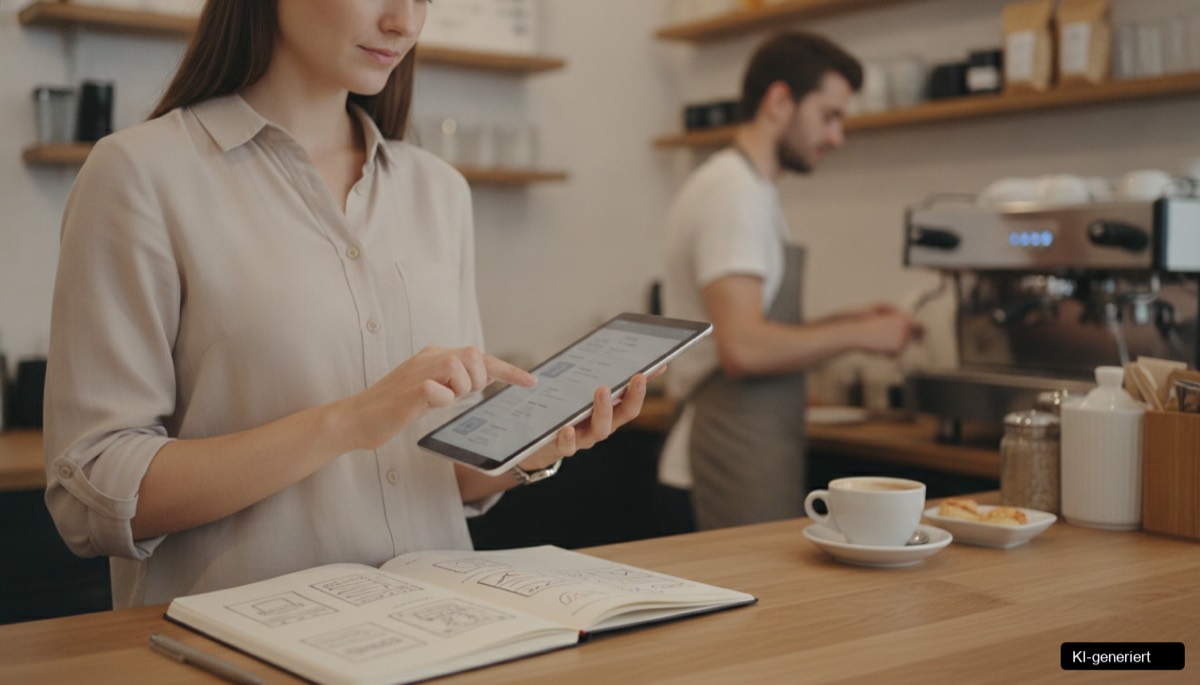 Mitarbeiter eines KMU nutzen digitale Selbstbedienung im Betrieb zur Effizienzsteigerung und Kundenbindung.