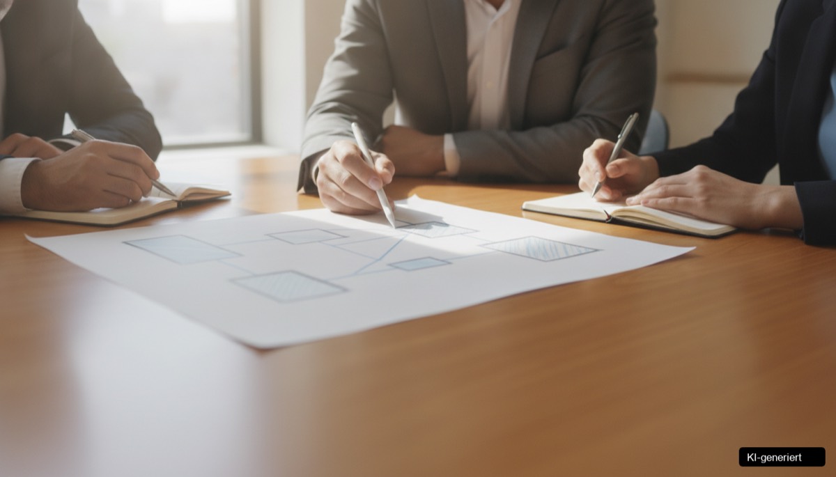 Ein Unternehmer, der mit seinem Team in einem modernen Büro die Führung Transformation Kleinbetrieb bespricht, um den Wandel zu gestalten.